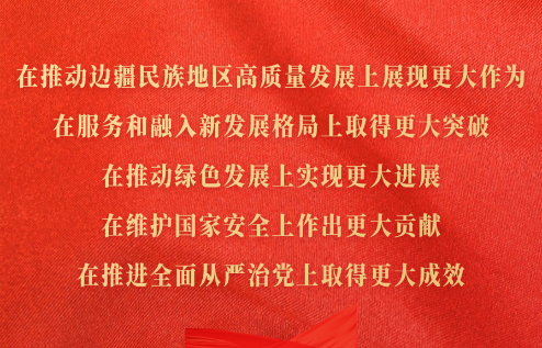 在推動(dòng)邊疆民族地區(qū)高質(zhì)量發(fā)展上展現(xiàn)更大作為，在服務(wù)和融入新發(fā)展格局上取得更大突破，在推動(dòng)綠色發(fā)展上實(shí)現(xiàn)更大進(jìn)展，在維護(hù)國(guó)家安全上作出更大貢獻(xiàn)，在推進(jìn)全面從嚴(yán)治黨上取得更大成效
